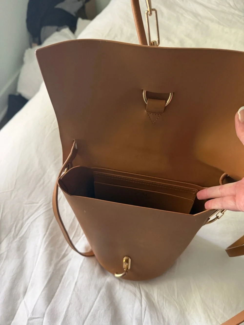 Zac Posen Caramel Brown Leather Crossbody with Gold Carabiner Detail - Picture 6 of 8